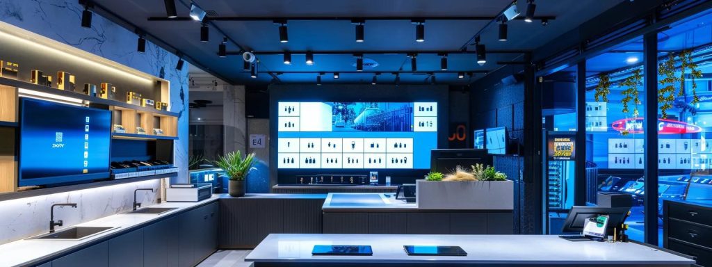a modern sydney locksmith's office features a sleek countertop displaying various high-security locks, with a wall-mounted screen presenting a detailed pricing breakdown, all illuminated by bright, focused overhead lighting to emphasise professionalism and clarity.