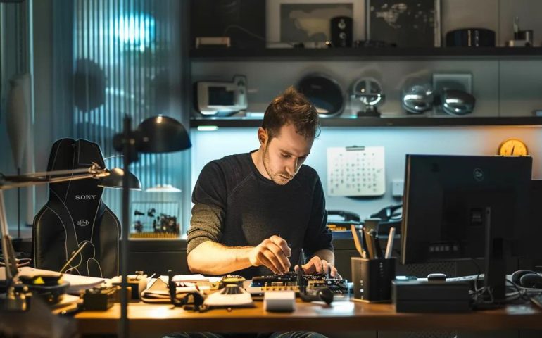 a professional locksmith in a sleek sydney office, surrounded by high-tech tools and a modern workstation, expertly examines a complex lock mechanism under bright, focused lighting.