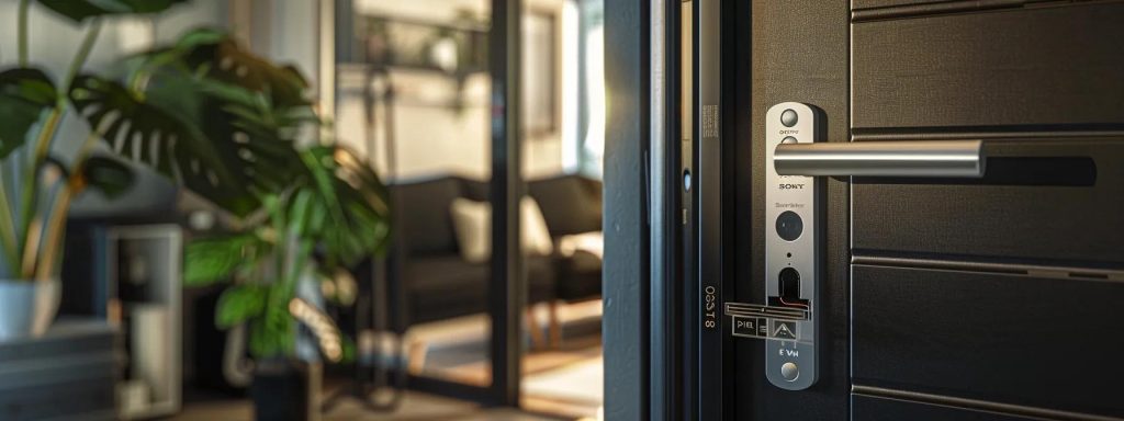 a sleek, modern sydney home interior showcases a professional locksmith installing a high-tech smart lock on a contemporary door, with tools and equipment neatly arranged nearby, accentuating the theme of enhanced home security.