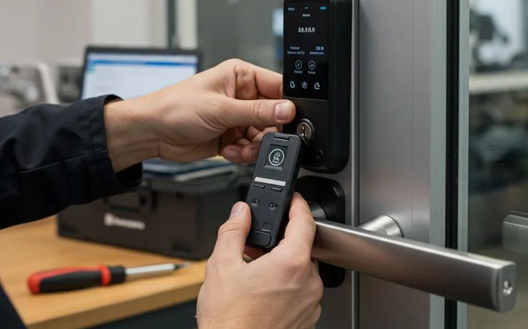 Technician installing a smart lock on a commercial door, showcasing expertise and precision