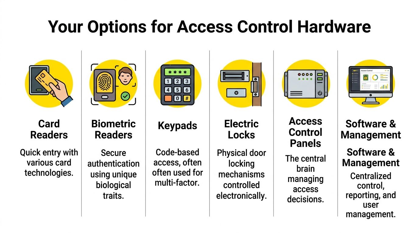 A visual guide outlining various components for access control systems, including card readers, biometrics, keypads, and software.