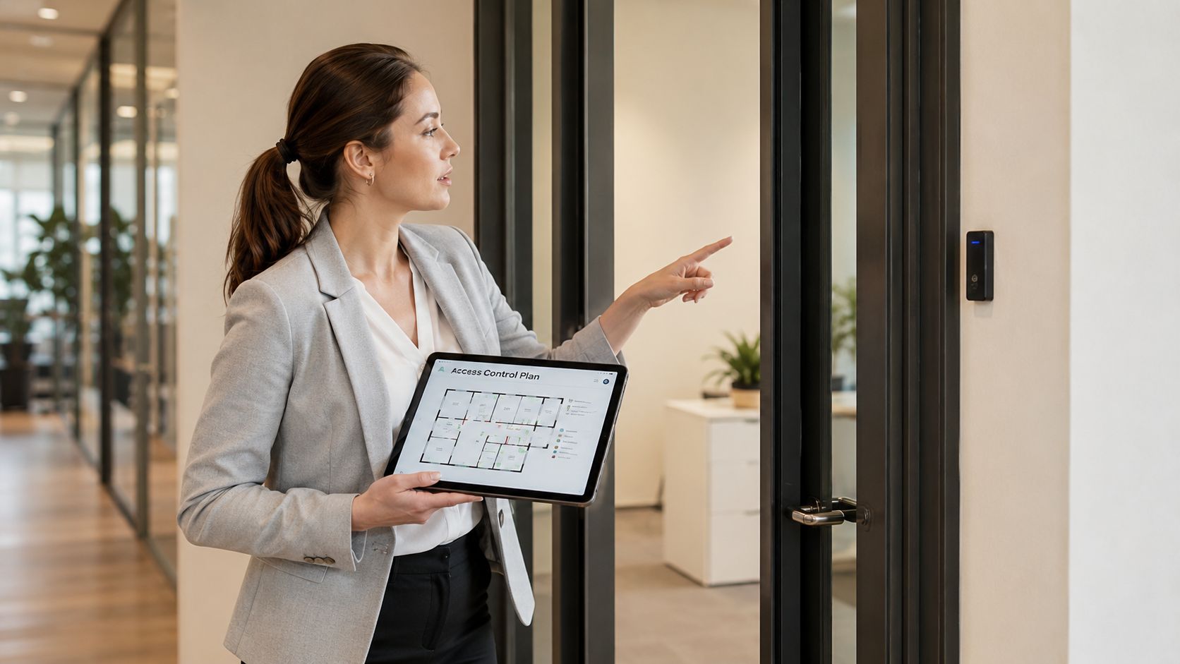 A professional woman holding a tablet with an access control plan while pointing at a door reader.