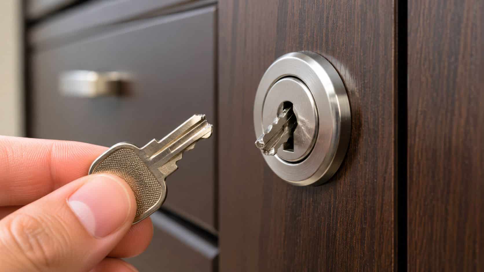 A hand holds a key with its tip broken off, inserted into a locked cabinet door.
