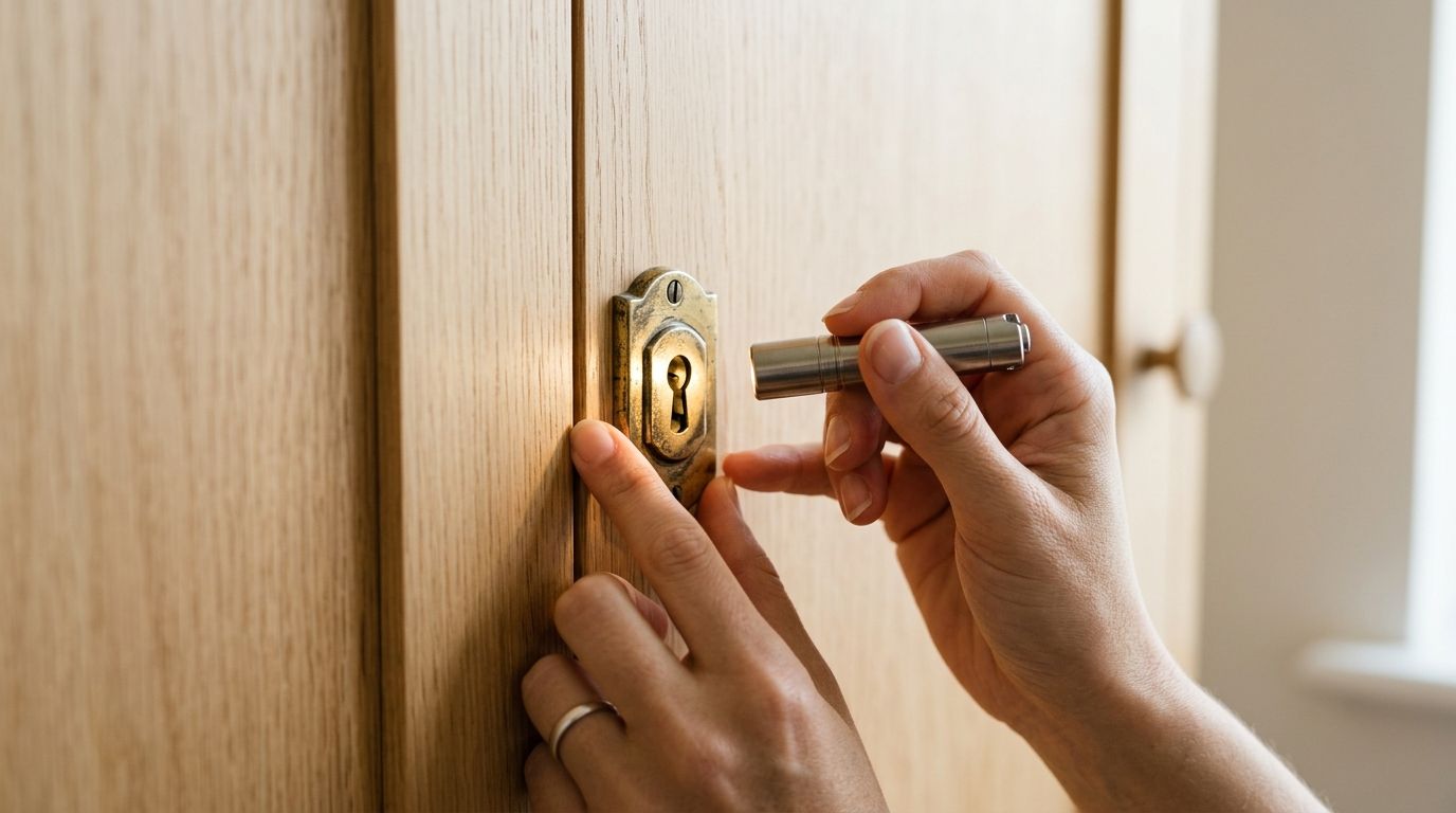 A close-up view of a person using a small flashlight to inspect a vintage cabinet keyhole.