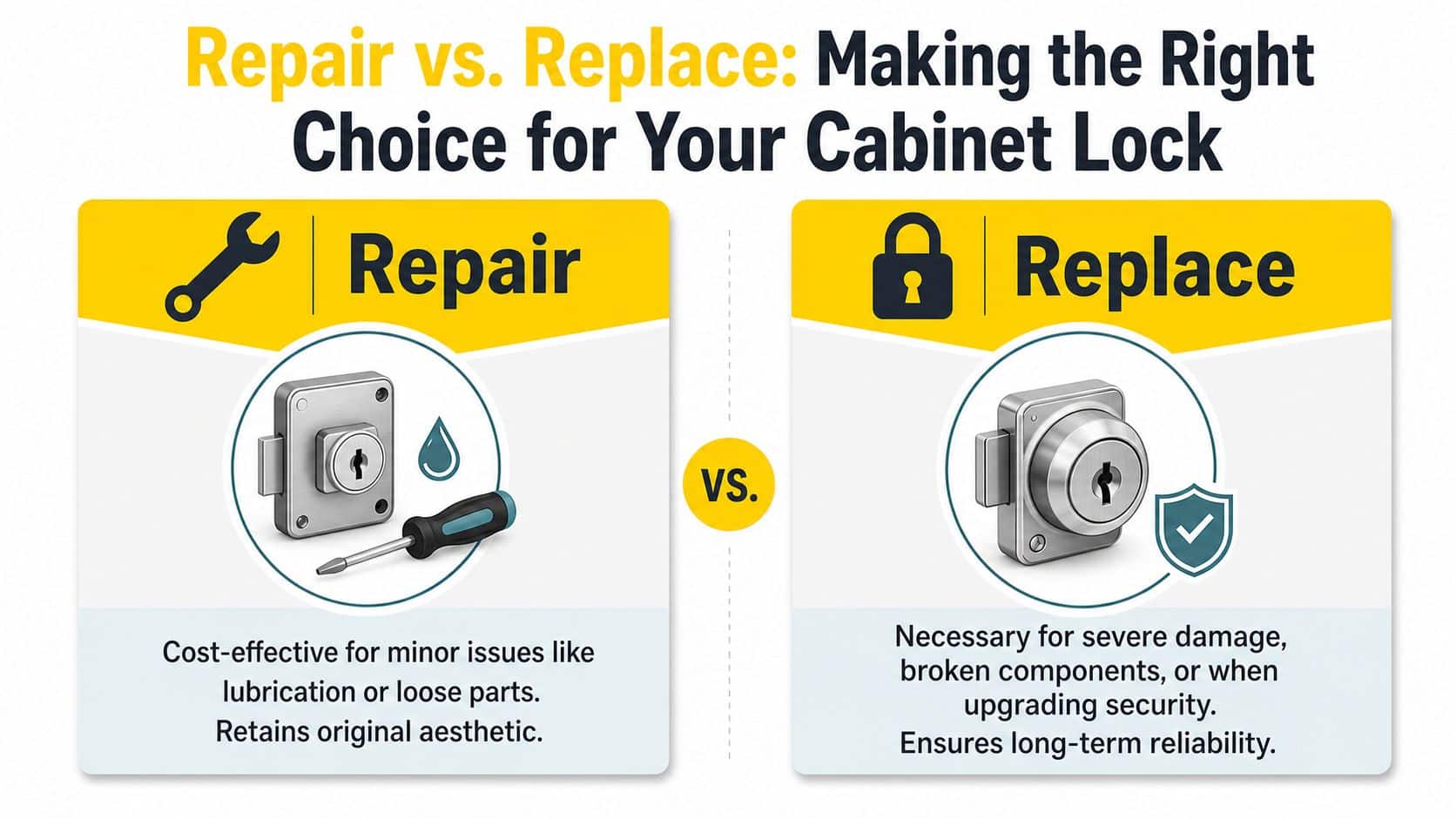 An infographic comparing whether to repair or replace a cabinet lock with icons and descriptive text.