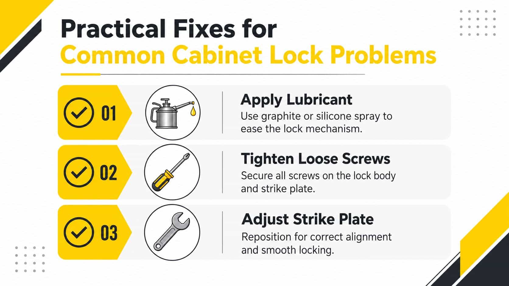 A helpful infographic outlining three practical solutions for fixing common cabinet lock issues efficiently at home.
