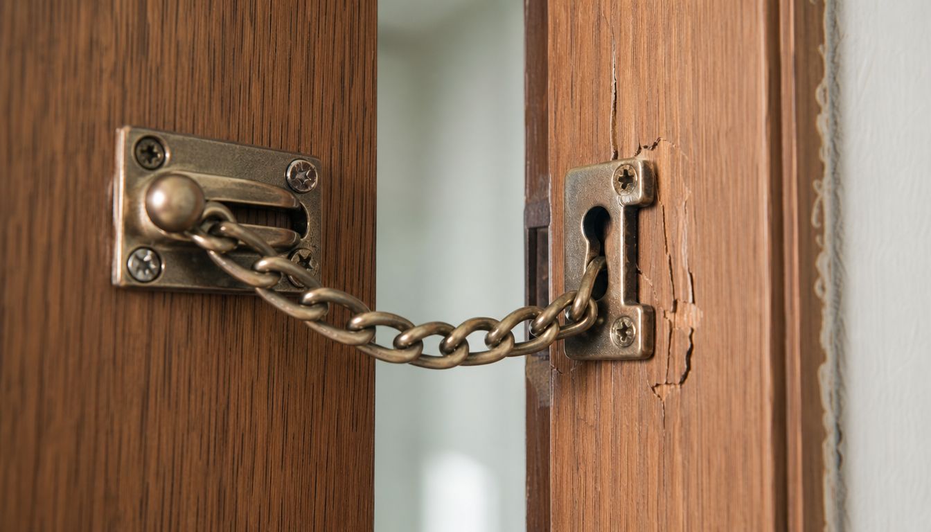 A brass door chain lock installed on a wooden door showing signs of damaged wood grain.