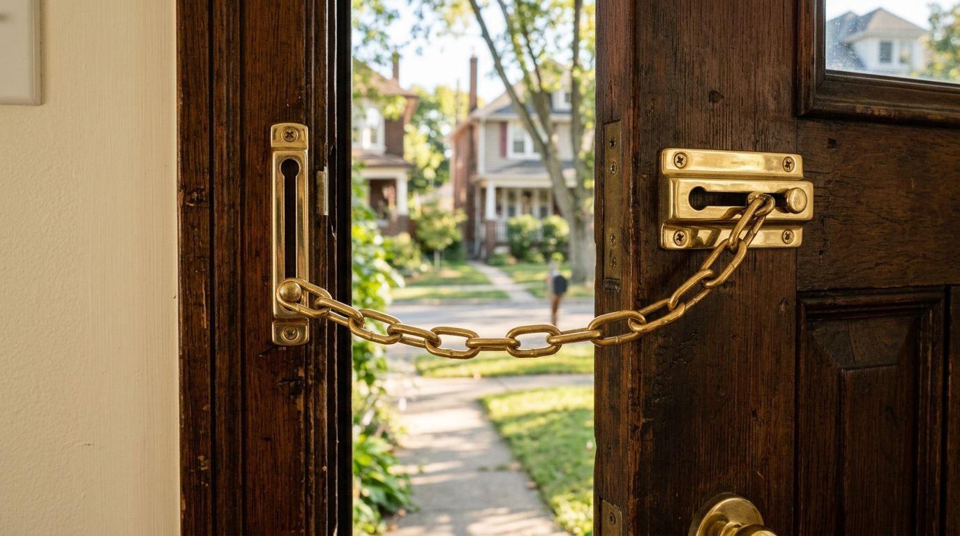 A close-up view of a secure brass door chain lock installed on a wooden entry door.