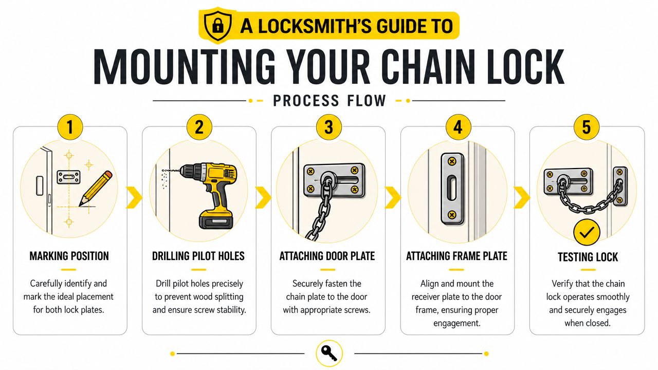 A five-step instructional infographic guide showing how to correctly install a door chain lock on a door.