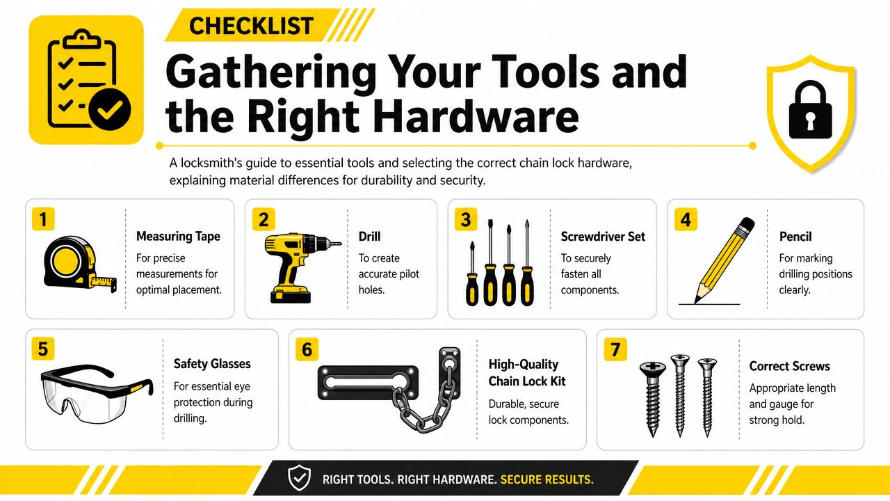 An infographic checklist of tools and hardware required for installing a door chain lock securely.