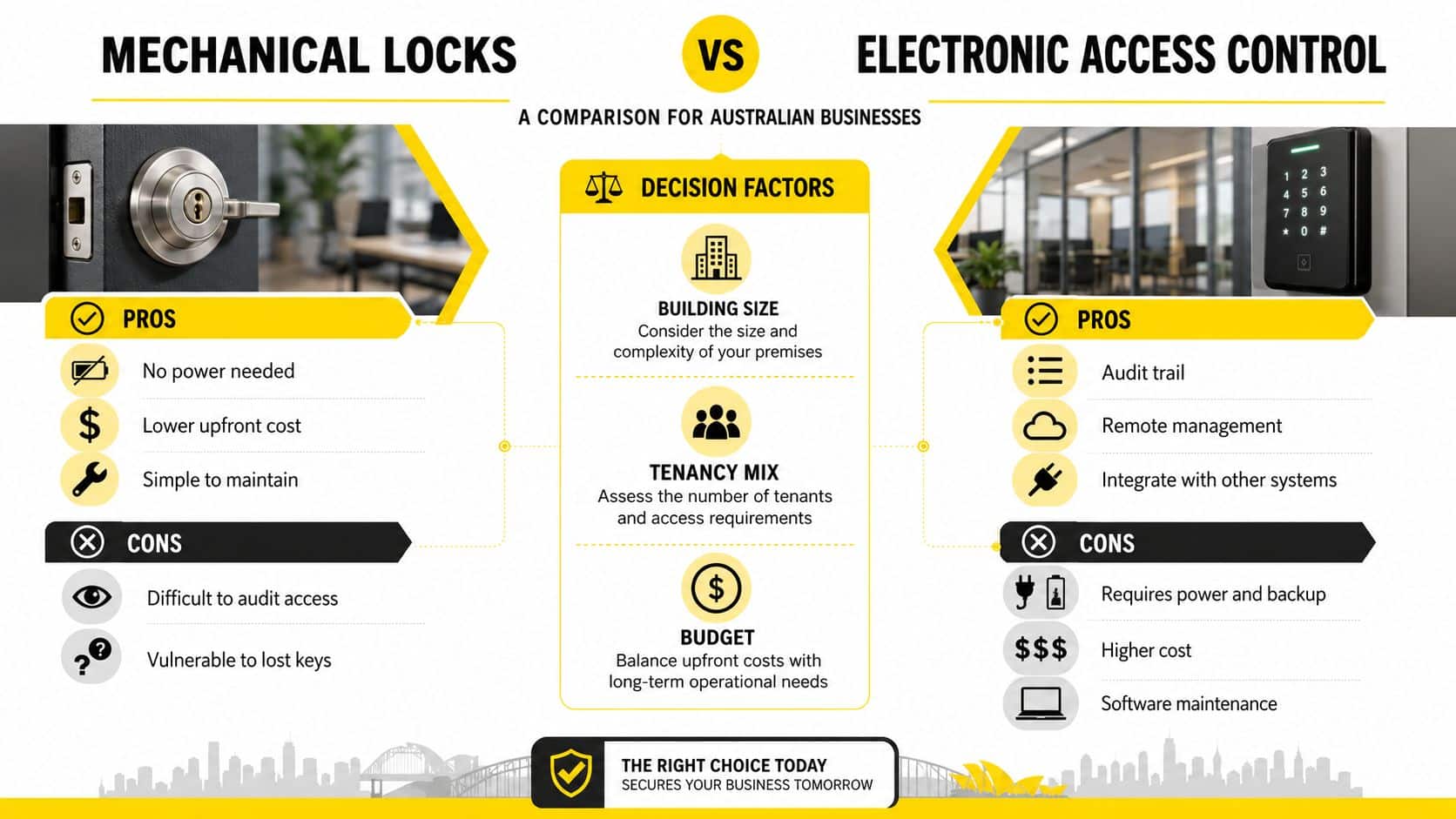 A comparison infographic between mechanical locks and electronic access control systems for Australian businesses, highlighting pros, cons, and decision factors.