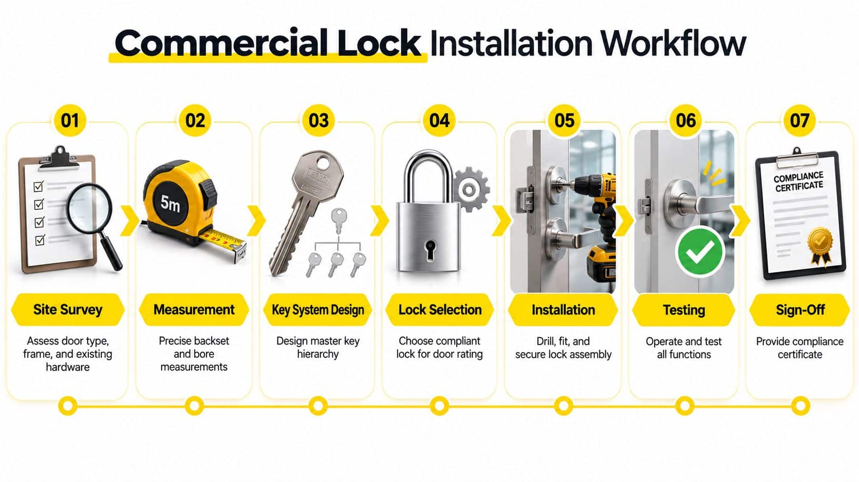 An infographic showing the seven steps of a commercial lock installation workflow from survey to sign-off.