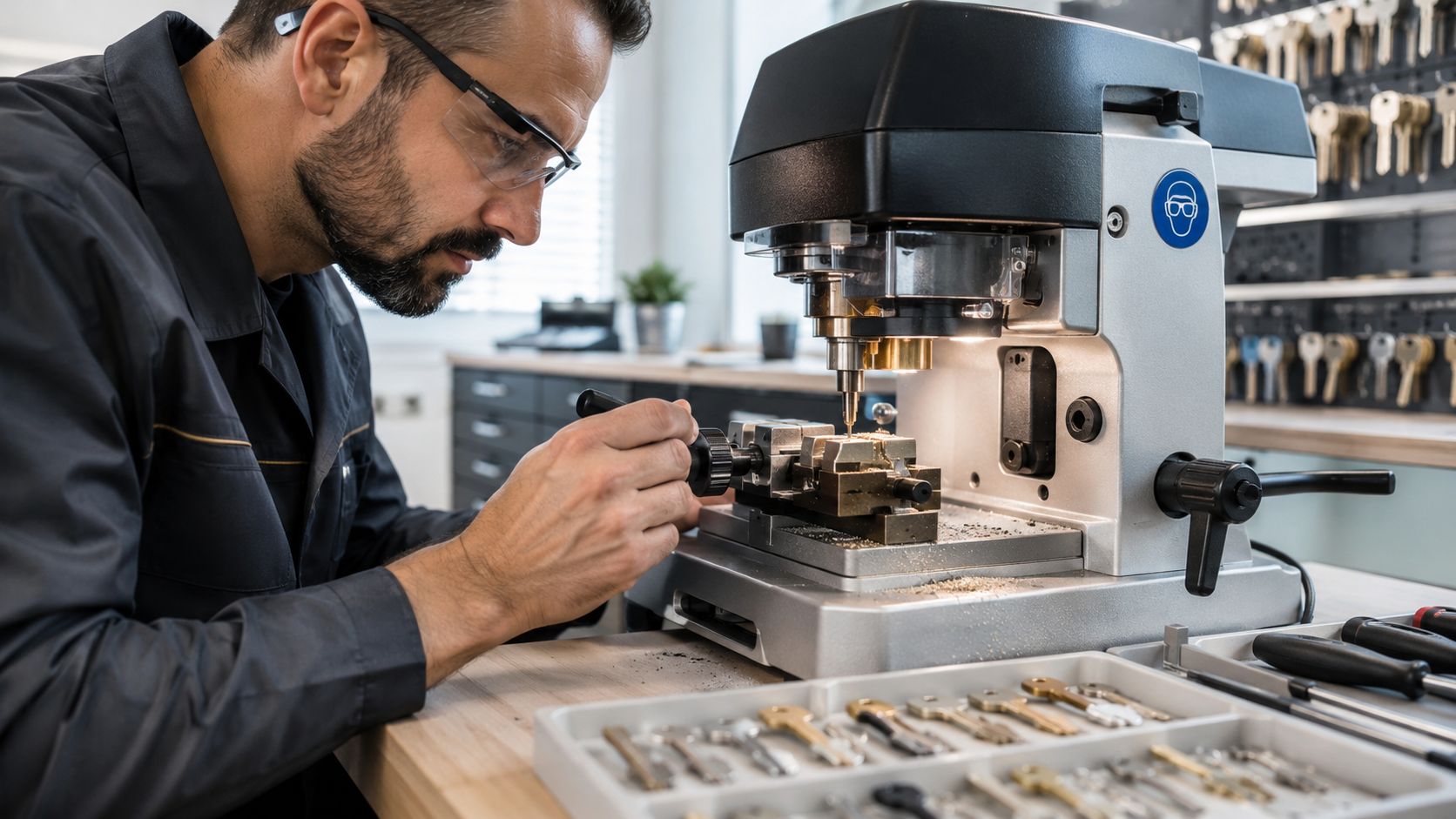 A professional locksmith uses an automated key cutting machine to precisely duplicate a metal door key.
