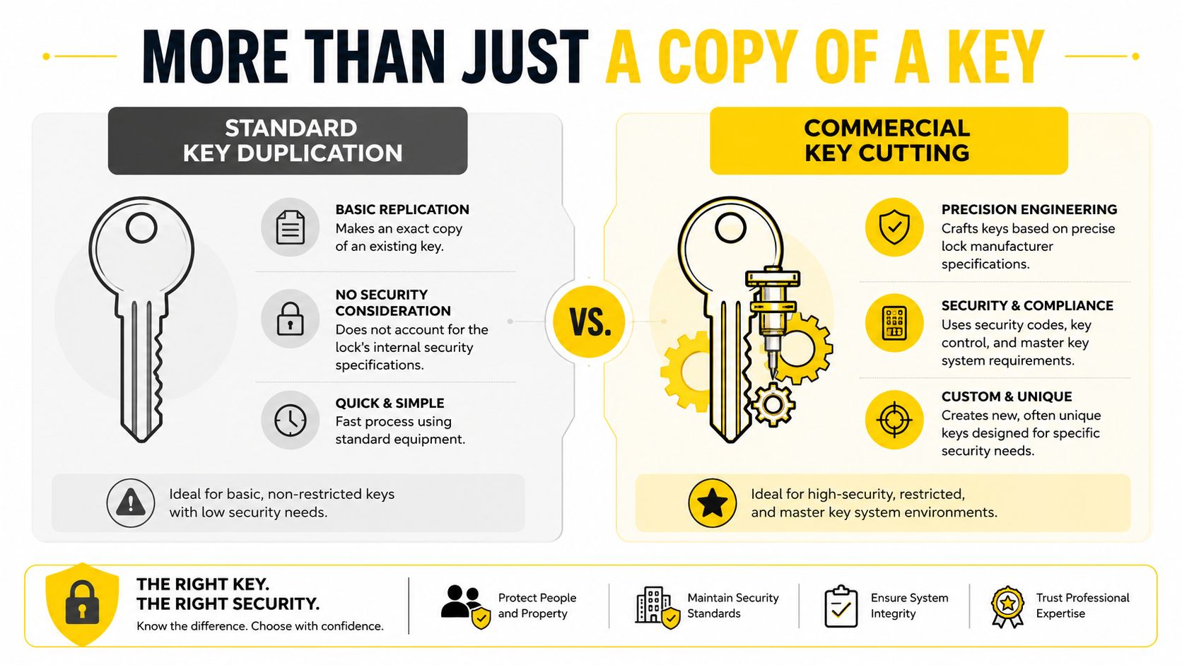 An infographic comparing standard key duplication with professional commercial key cutting for enhanced security and compliance.
