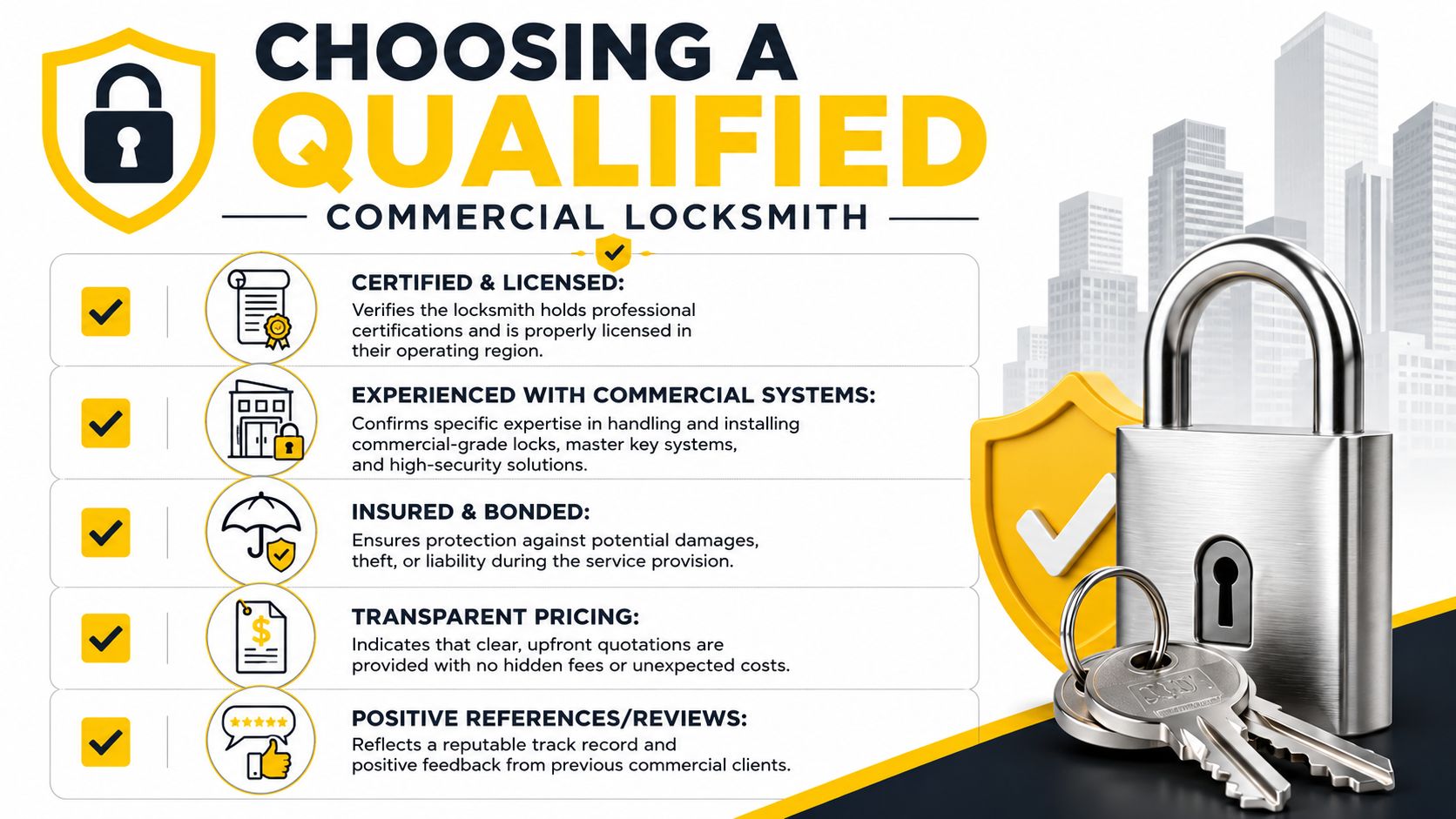An infographic detailing five key steps to choose a qualified commercial locksmith for business security needs.