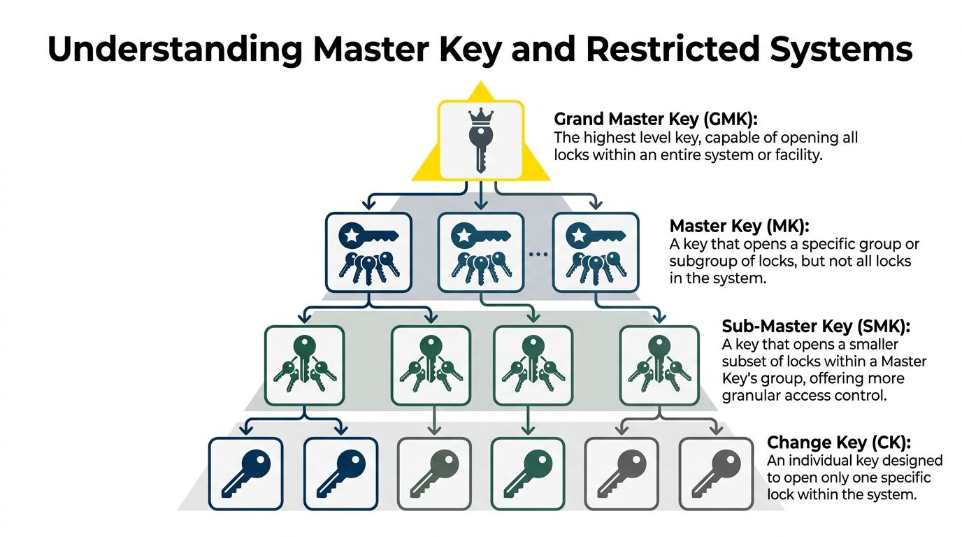 A hierarchical diagram explaining the structure of master key systems, from the grand master key to individual keys.