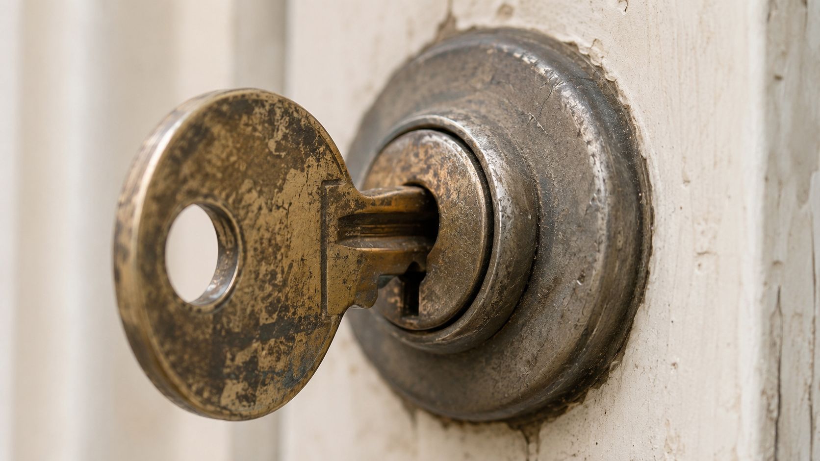 A close-up view of an old brass key inserted into a worn metal cylinder door lock mechanism.