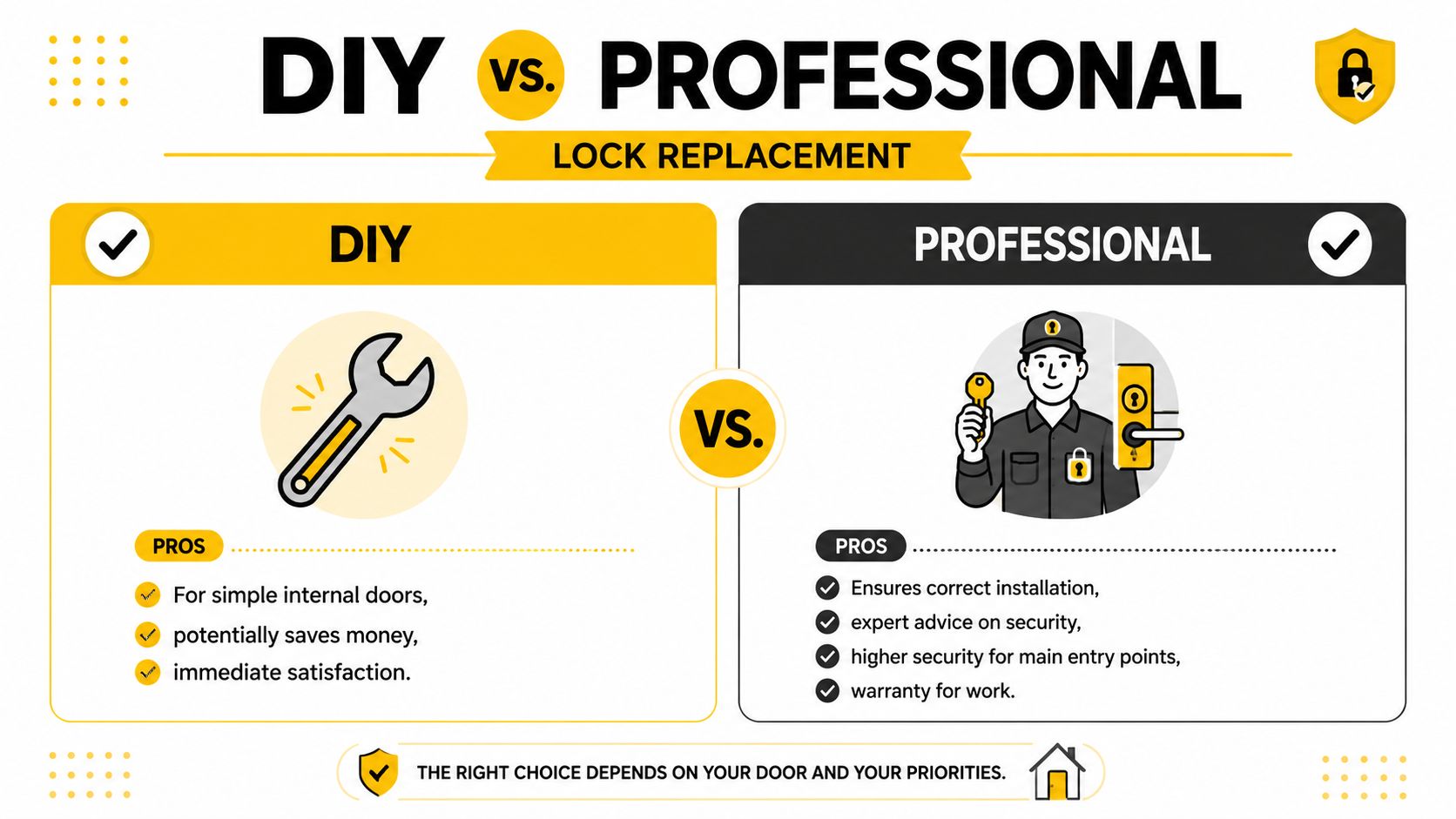 A comparison chart showing the pros and cons of DIY versus professional lock replacement services for homeowners.