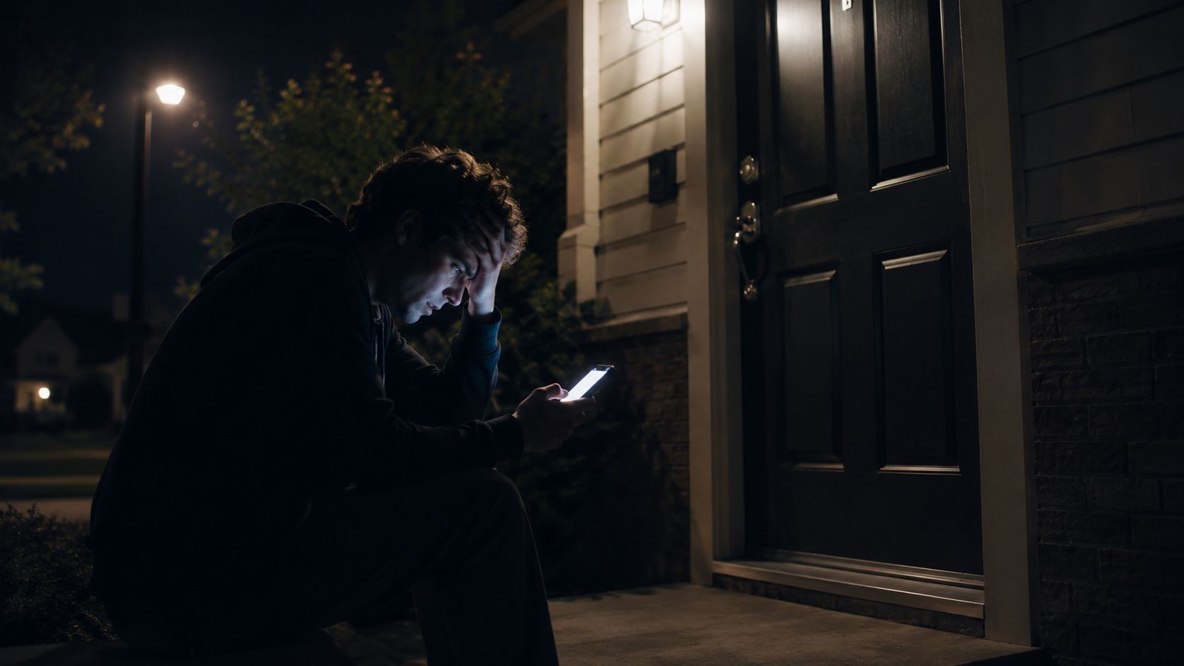 A distressed man sits on a porch step at night looking at his phone, potentially needing locksmith assistance.