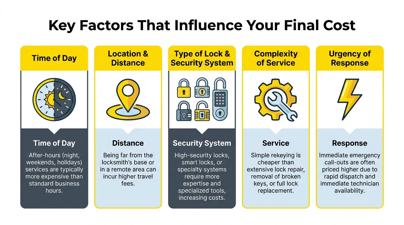 An infographic showing five key factors that influence the final cost of professional locksmith services.