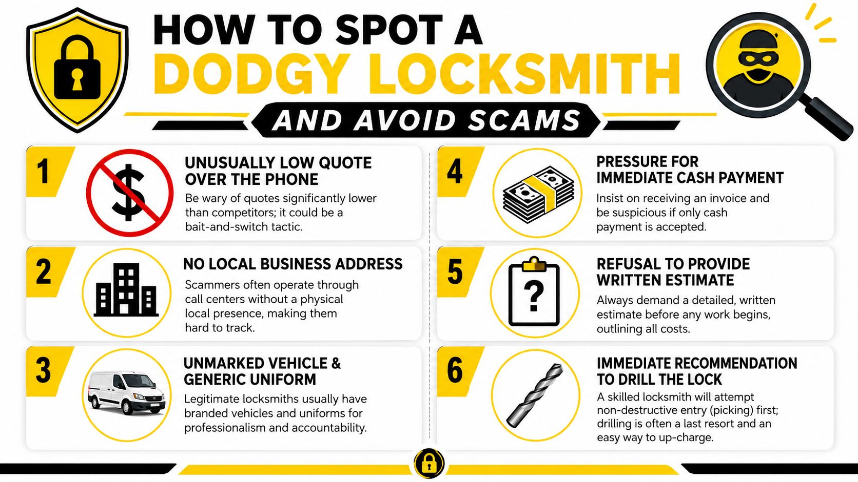 An infographic titled How to Spot a Dodgy Locksmith listing six warning signs of scam operations.