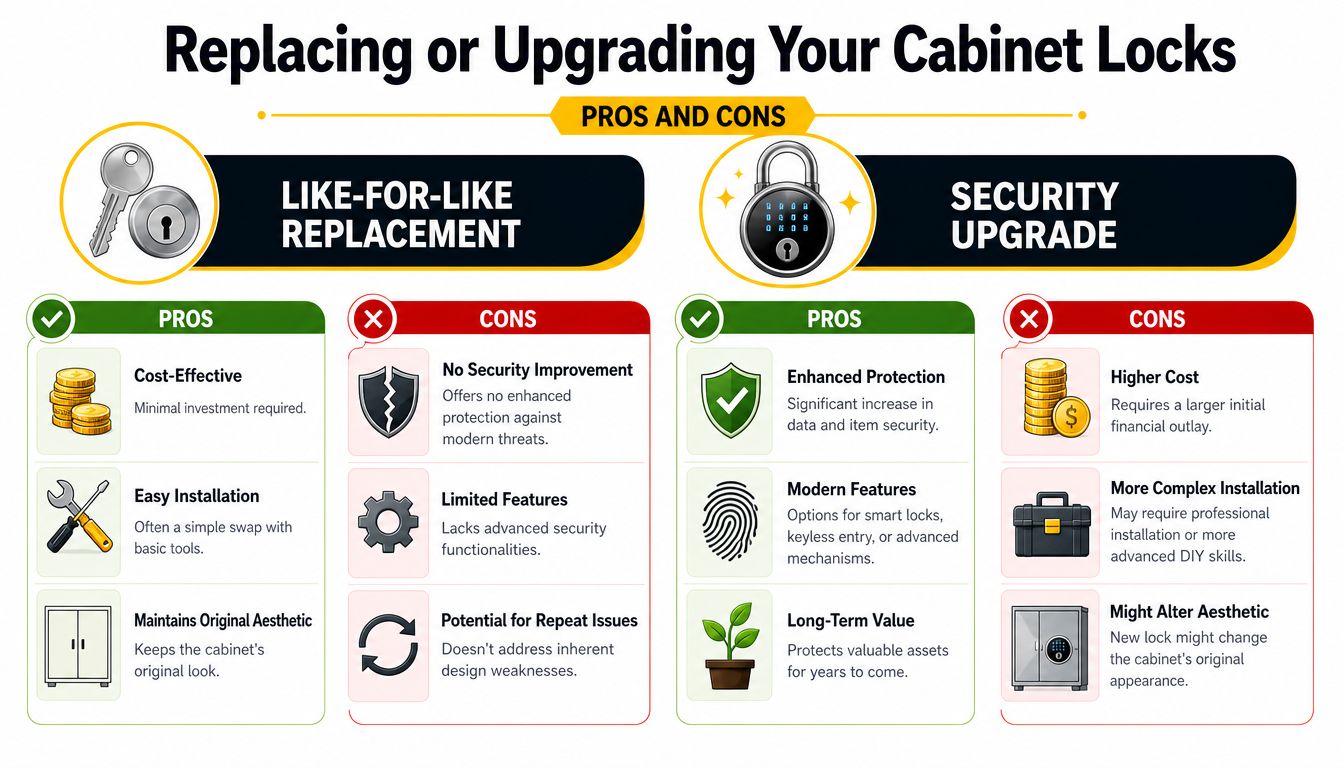 A comparison infographic showing pros and cons of like-for-like cabinet lock replacement versus security upgrades.