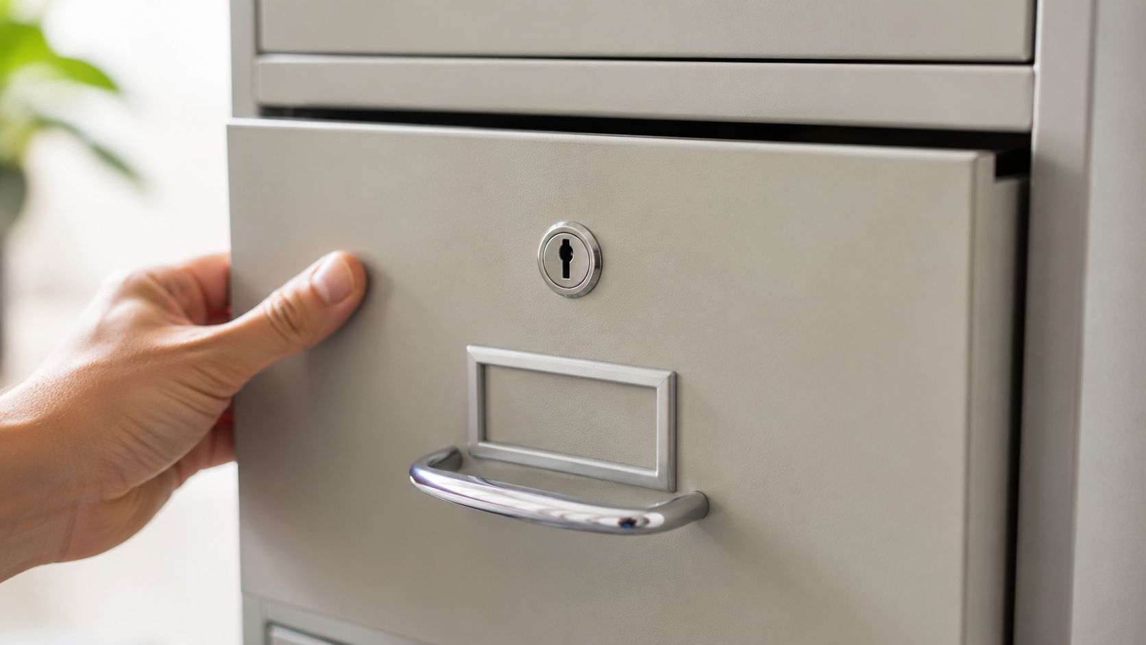 A hand pulling open the drawer of a gray metal filing cabinet with a keyhole.