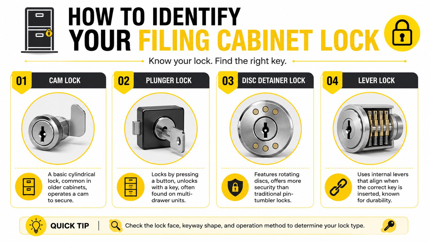 An infographic titled how to identify your filing cabinet lock illustrating four different common locking mechanisms.