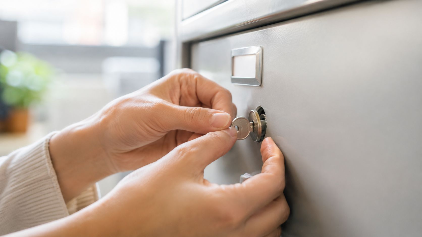 A close-up view of a person using a silver key to unlock a metal filing cabinet.