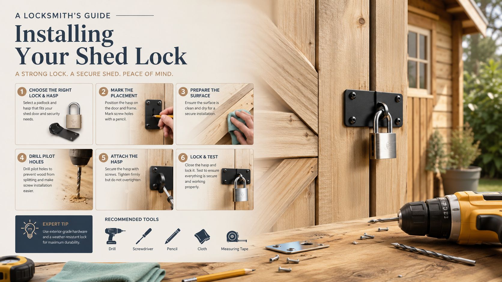A professional infographic guide showing six easy steps for installing a security hasp and padlock on a wooden shed door.