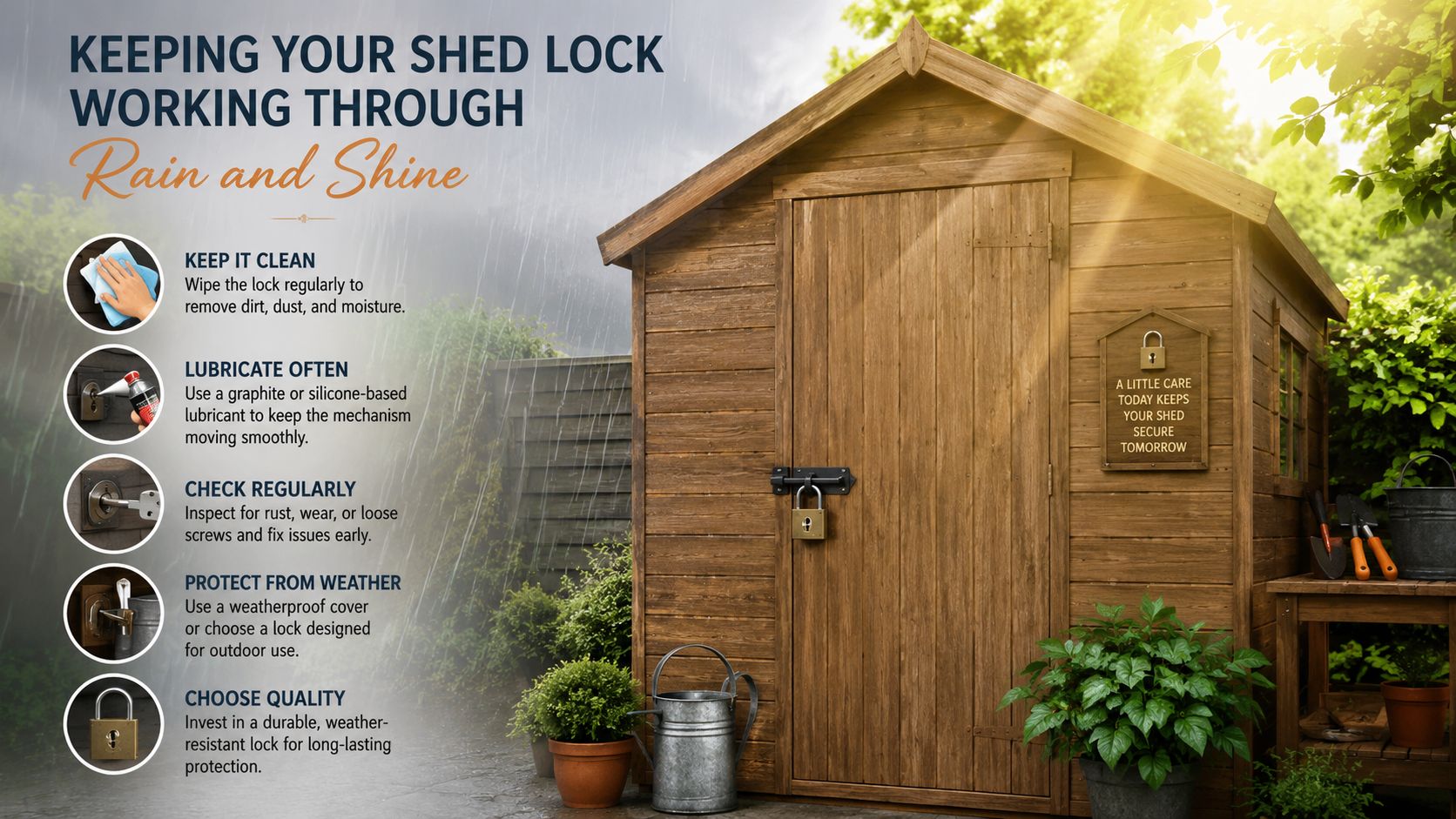 A garden shed with a padlock, showing tips for cleaning, lubricating, and maintaining outdoor shed locks.