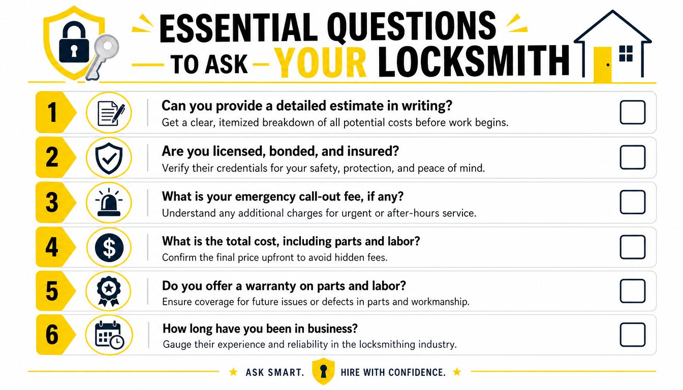 A checklist of six essential questions to ask a locksmith before hiring them for services.