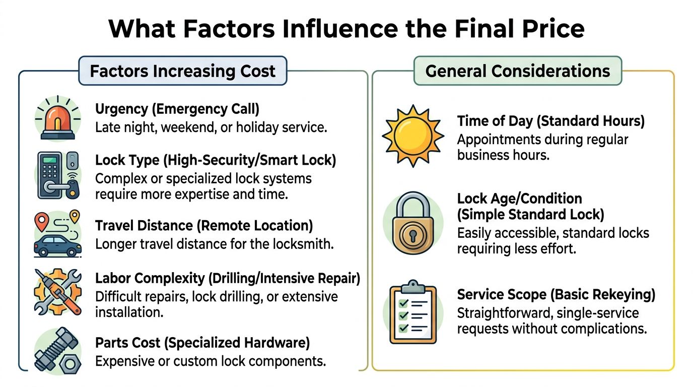 An infographic showing factors influencing locksmith costs, including urgency, lock type, distance, complexity, and general service considerations.
