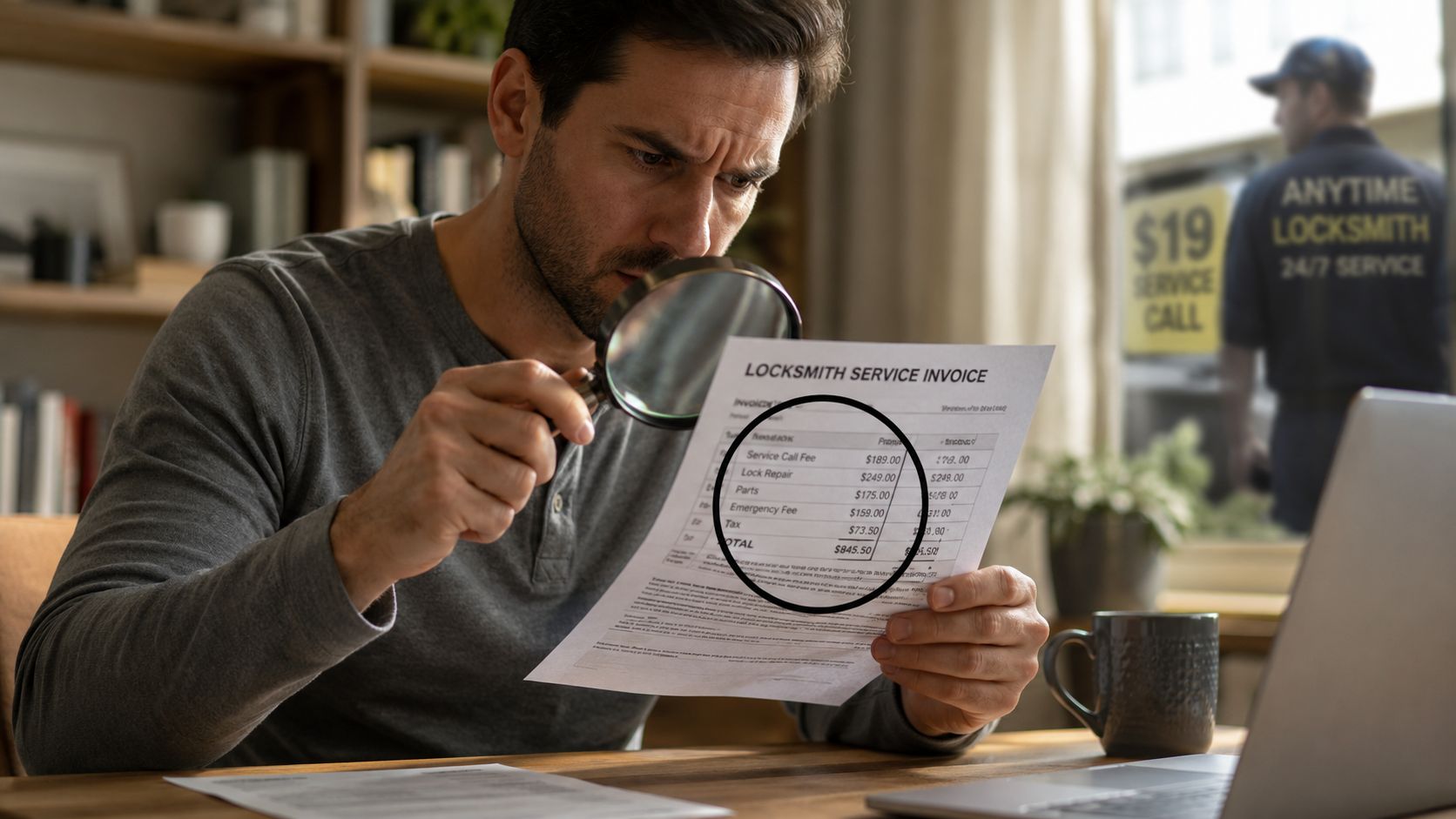 A man looking closely at a locksmith service invoice with a magnifying glass at a desk.