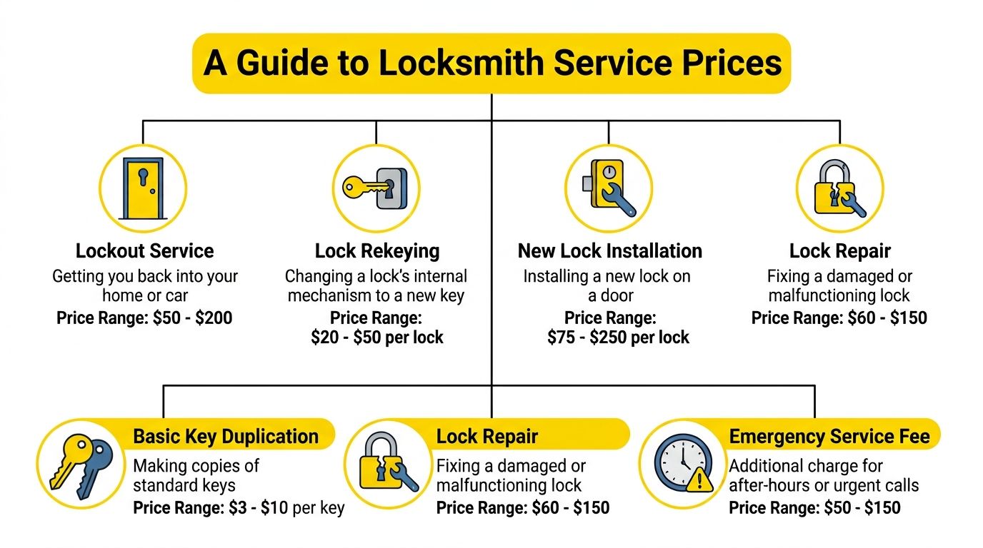 A visual guide outlining the common price ranges for various professional locksmith services including repairs and installations.