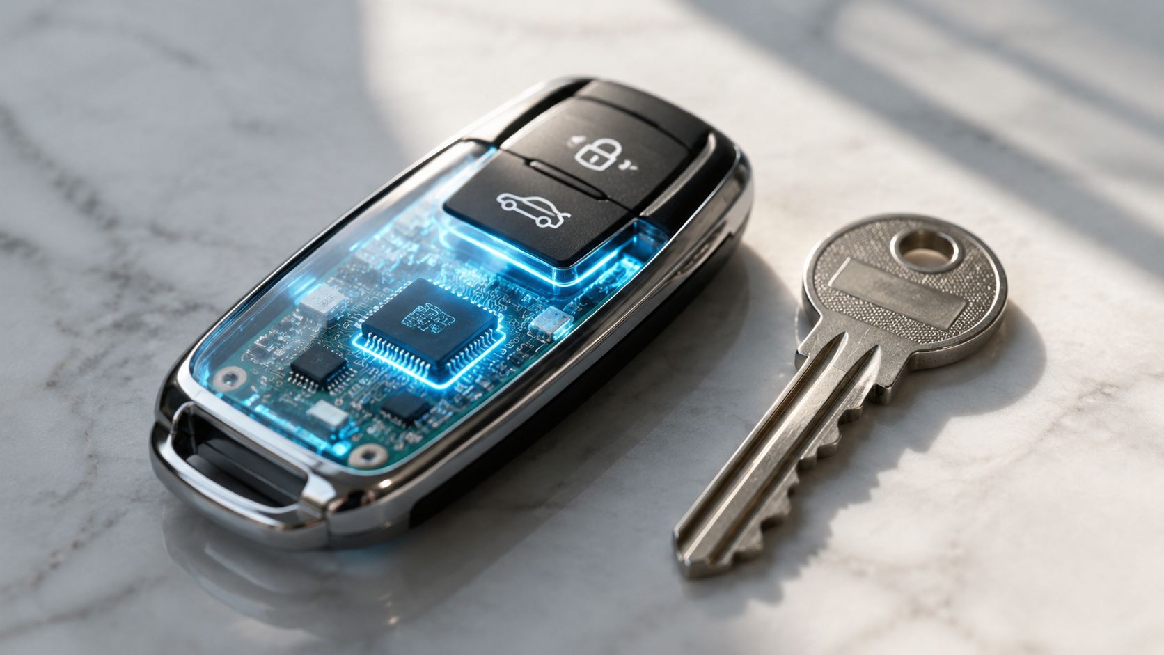 A modern electronic car key fob next to a traditional metal house key on a marble surface.