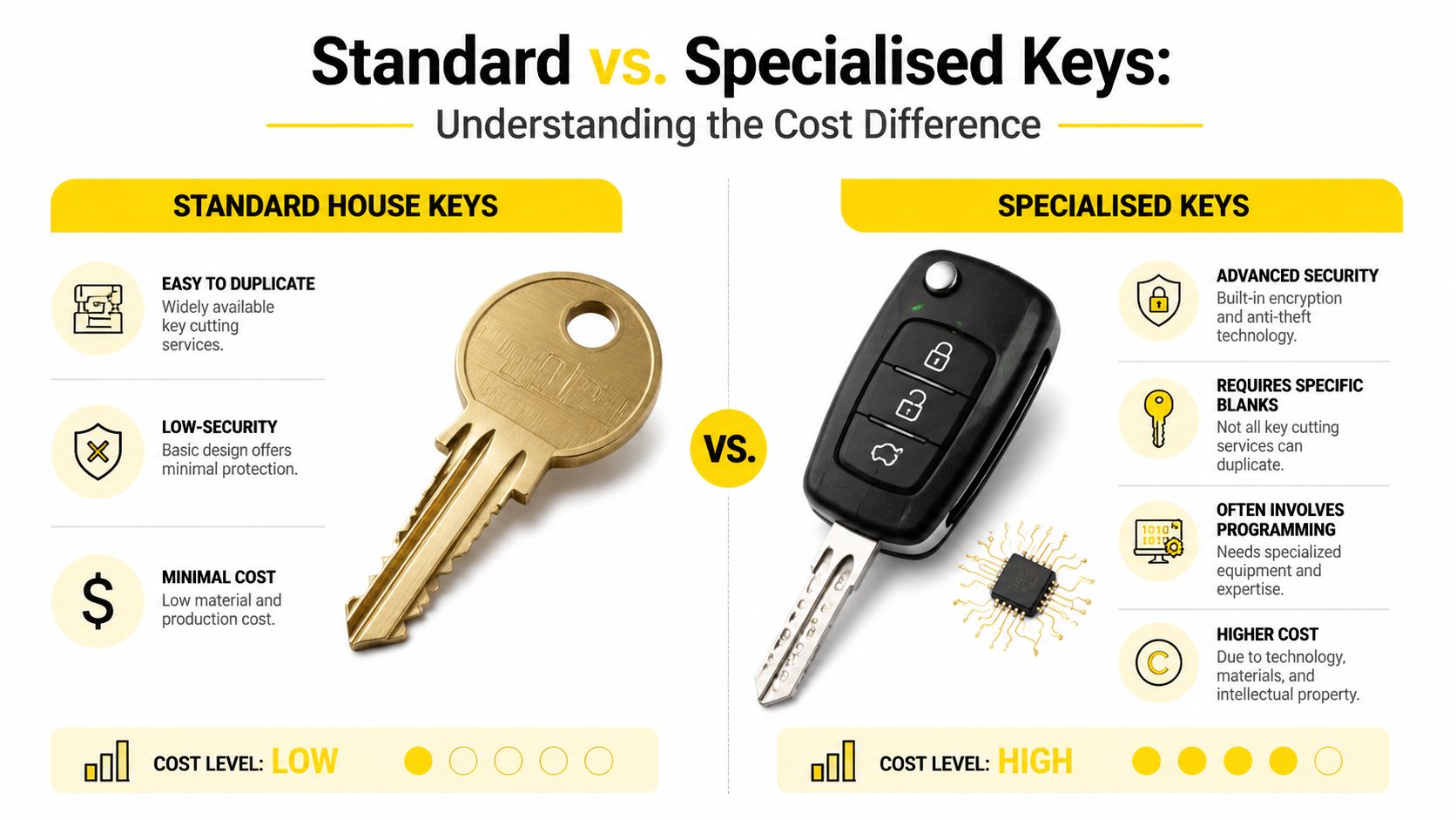 A comparison infographic showing the cost and feature differences between standard house keys and specialised car keys.