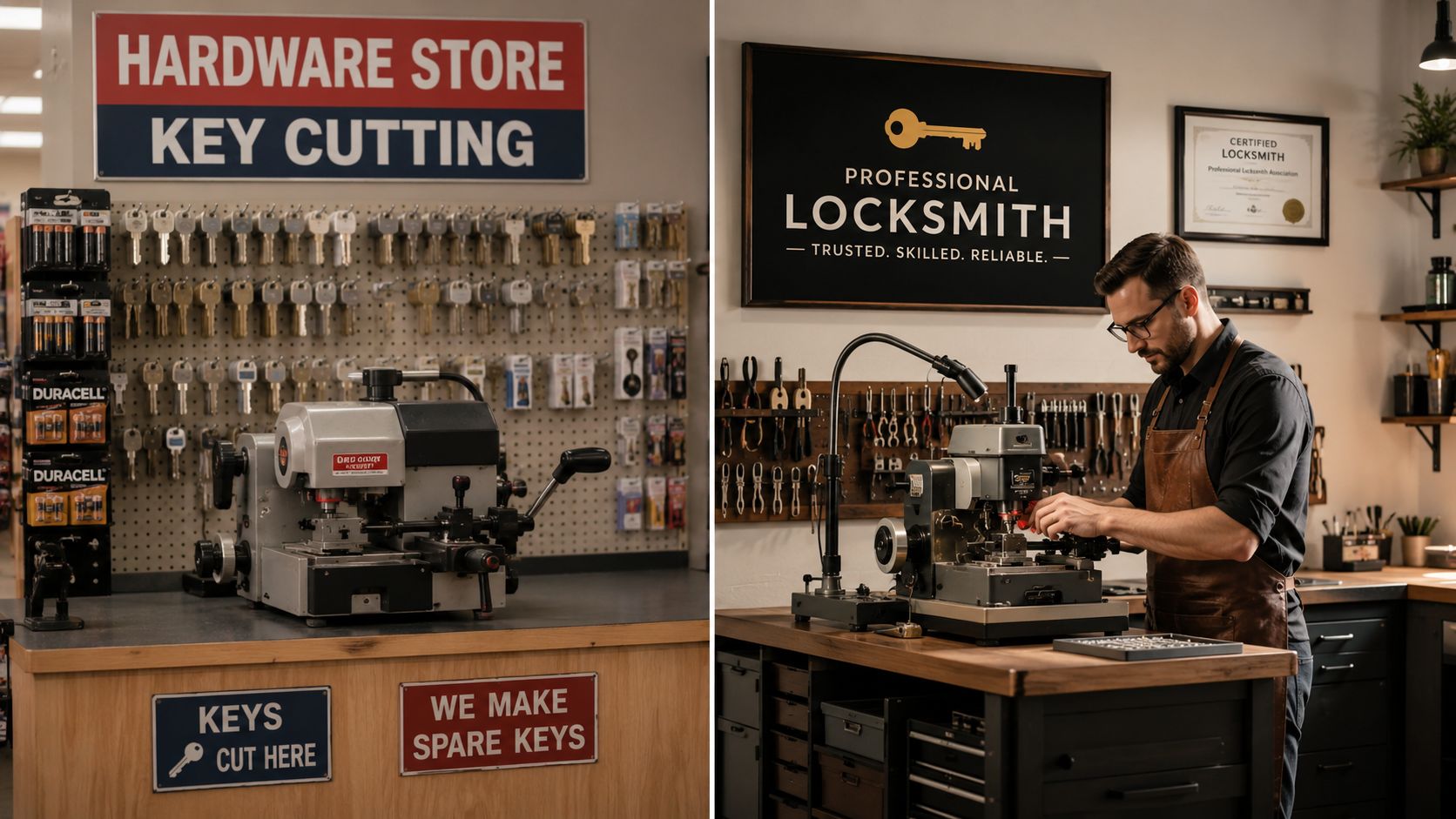 A split-view showing a hardware store key cutting station and a professional locksmith using a machine.