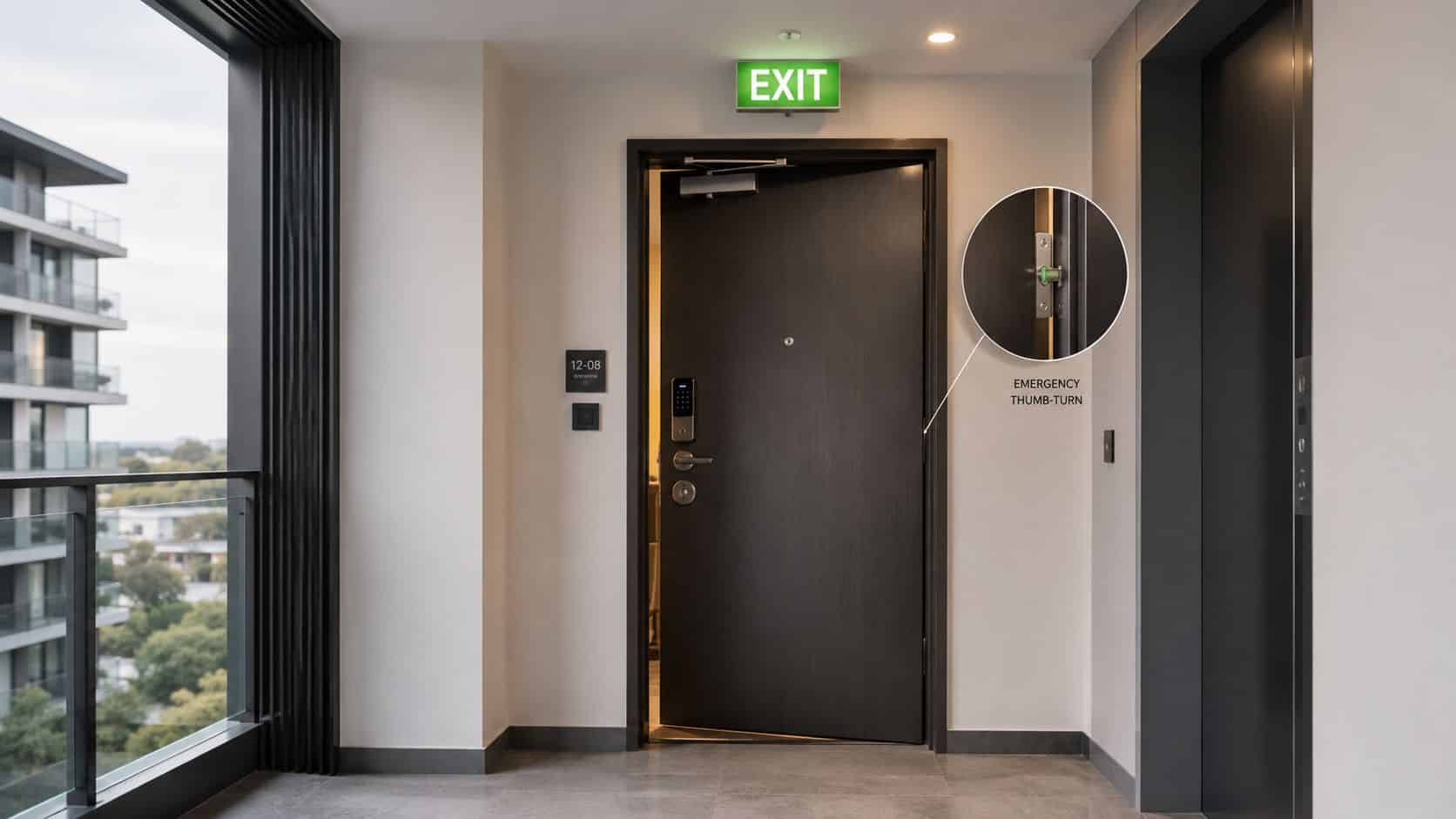 A sleek, modern apartment door featuring a keypad entry system and an emergency thumb-turn lock mechanism.