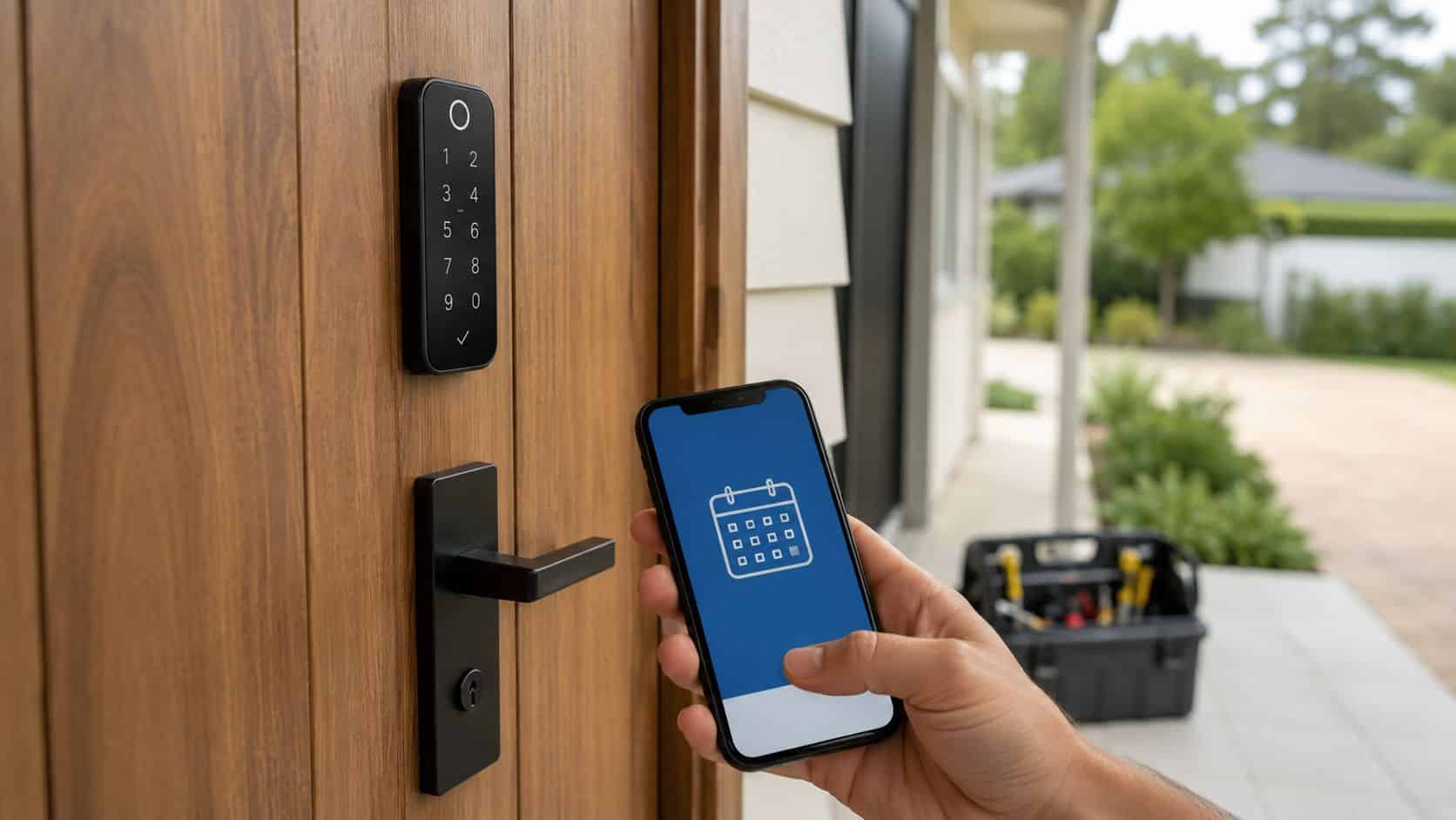 A hand holding a smartphone with a calendar icon displayed near a smart door keypad entry system.