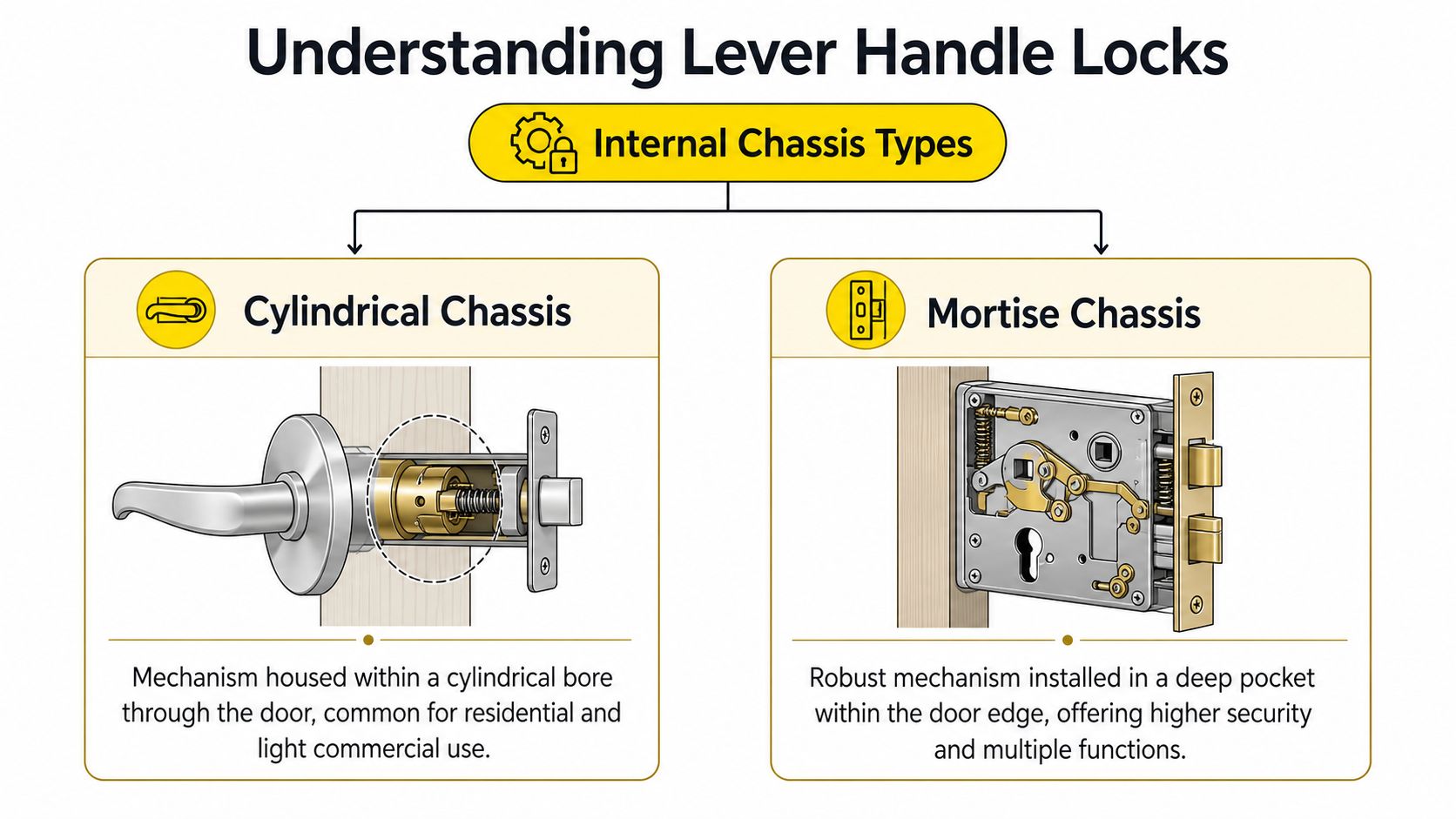 A diagram comparing the internal mechanisms of cylindrical chassis and mortise chassis lever handle locks.
