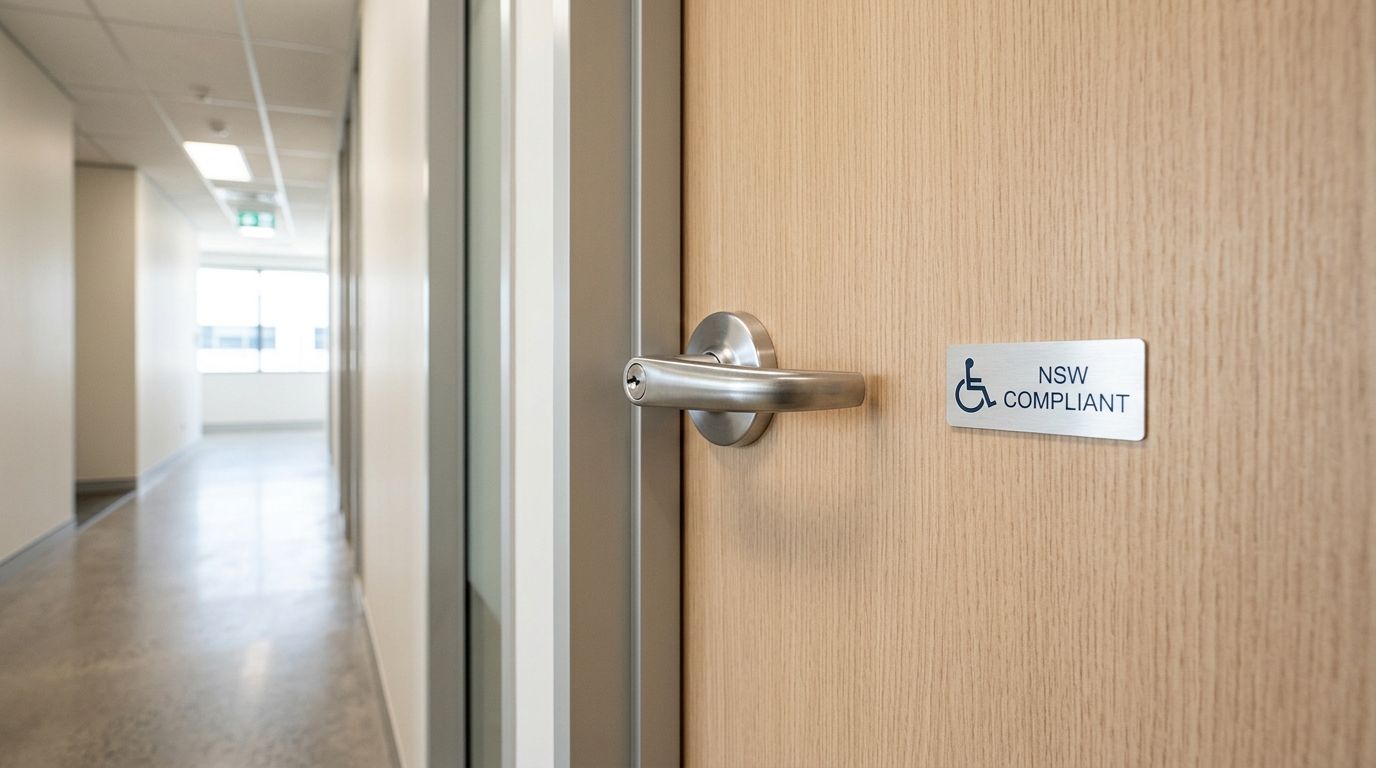 A close-up view of a metal door handle on a light wood door with a wheelchair accessibility sign.