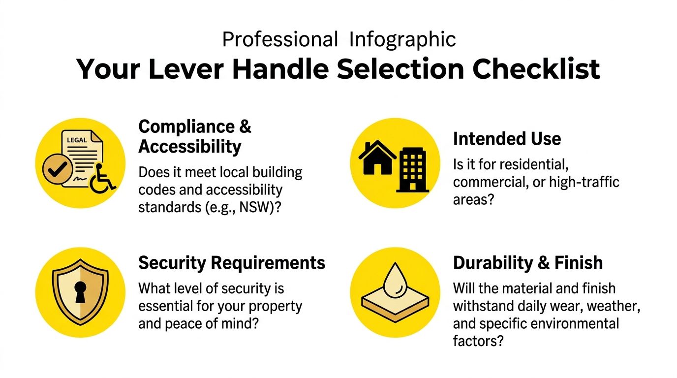 An infographic titled Your Lever Handle Selection Checklist detailing key factors for choosing door hardware handles.