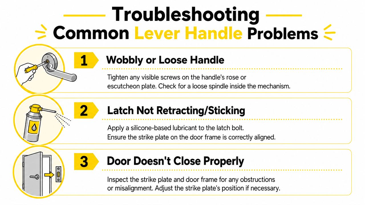 A troubleshooting guide showing how to fix three common problems with residential door lever handles.