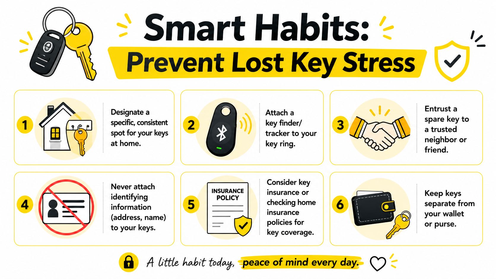 An infographic titled Smart Habits: Prevent Lost Key Stress featuring six numbered tips for managing household keys.
