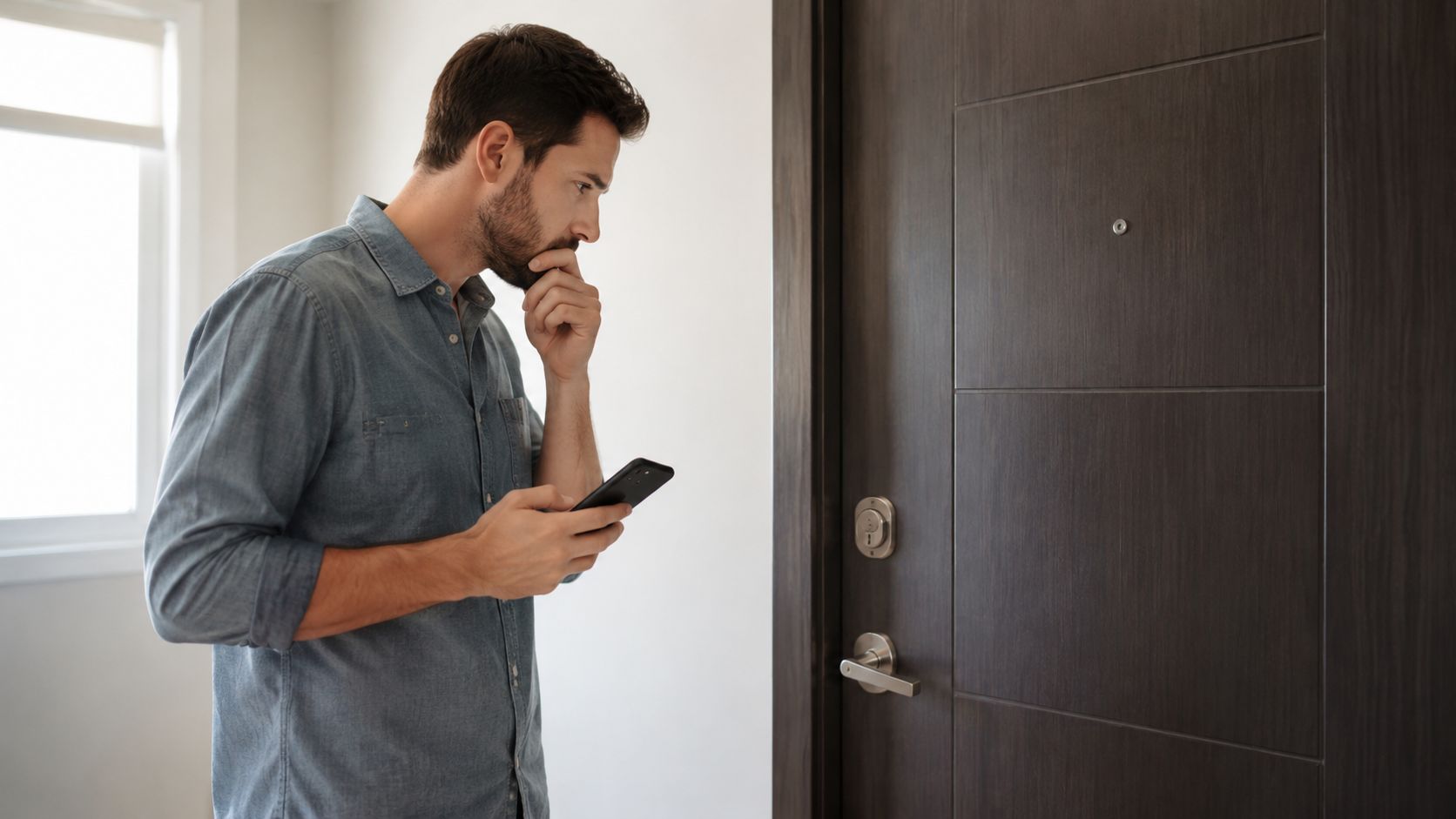 A concerned man stands in front of a closed door while holding his smartphone, contemplating a solution.