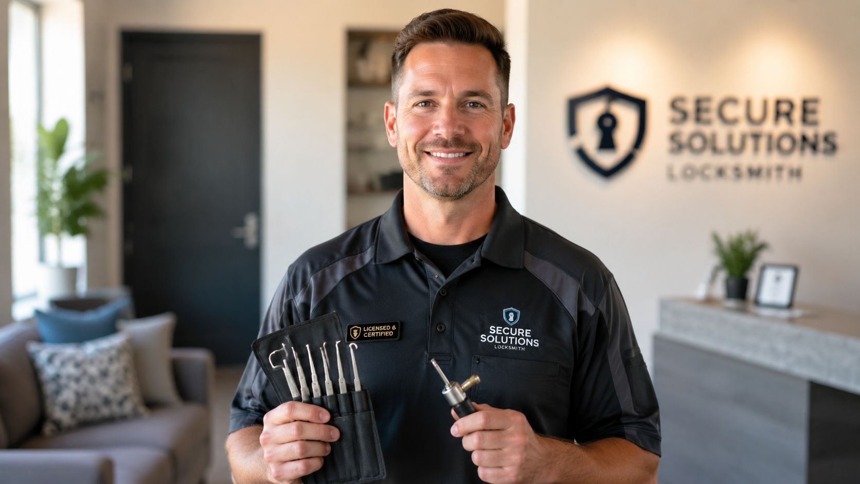 A professional locksmith holding a set of lock picks and a tension tool in his office.