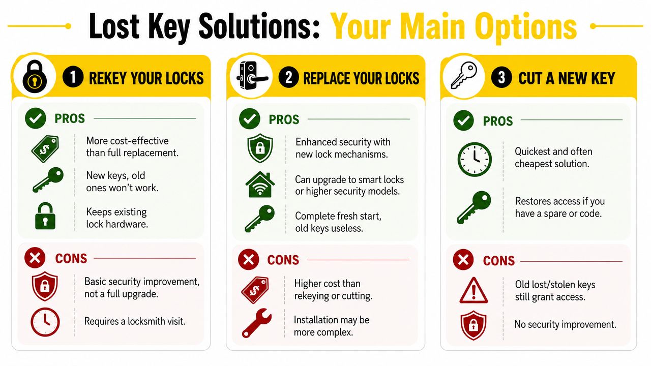 An infographic outlining three main solutions for lost keys: rekeying locks, replacing locks, and cutting new keys.