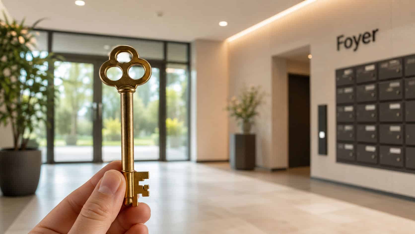 A hand holds a brass vintage key in front of a modern apartment building foyer.