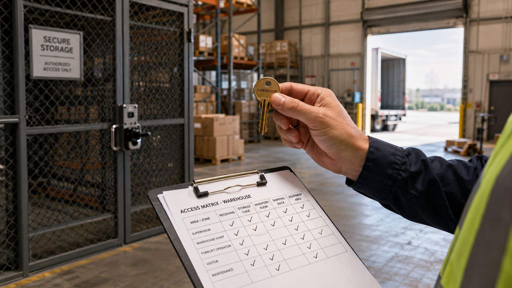 A warehouse supervisor holding a master key in front of a secure storage cage with an access matrix clipboard.